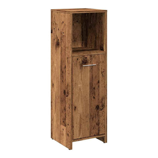 The bathroom cabinet with a rustic wood finish and a single door featuring a silver handle