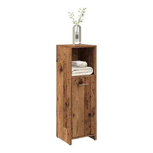 vidaXL Bathroom Cabinet Old Wood Engineered Wood with a vase and folded towels on the open shelf