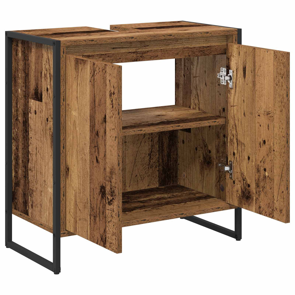 The bathroom vanity unit with both cabinet doors open showing the empty interior shelving space