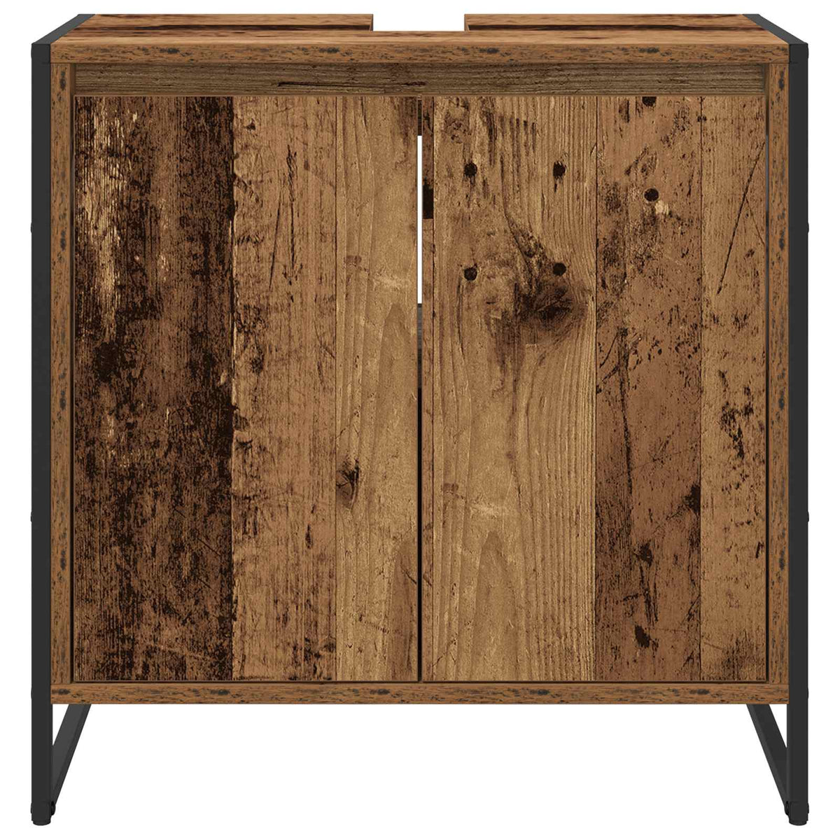 The bathroom vanity unit viewed directly from the front showing the wood grain and metal frame