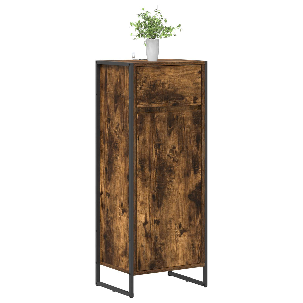 The tall bathroom cabinet with a plant on top