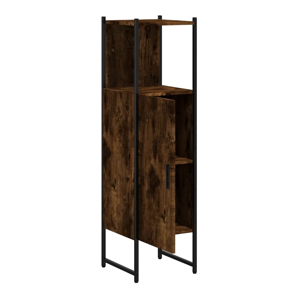the bathroom vanity unit with its door ajar showing shelves inside