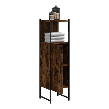 the bathroom vanity unit with its door open showing shelves inside