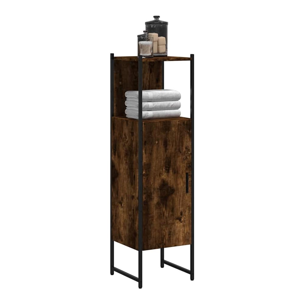 vidaXL Bathroom Cabinet Smoked Oak Engineered Wood, a tall narrow unit with a door and shelves