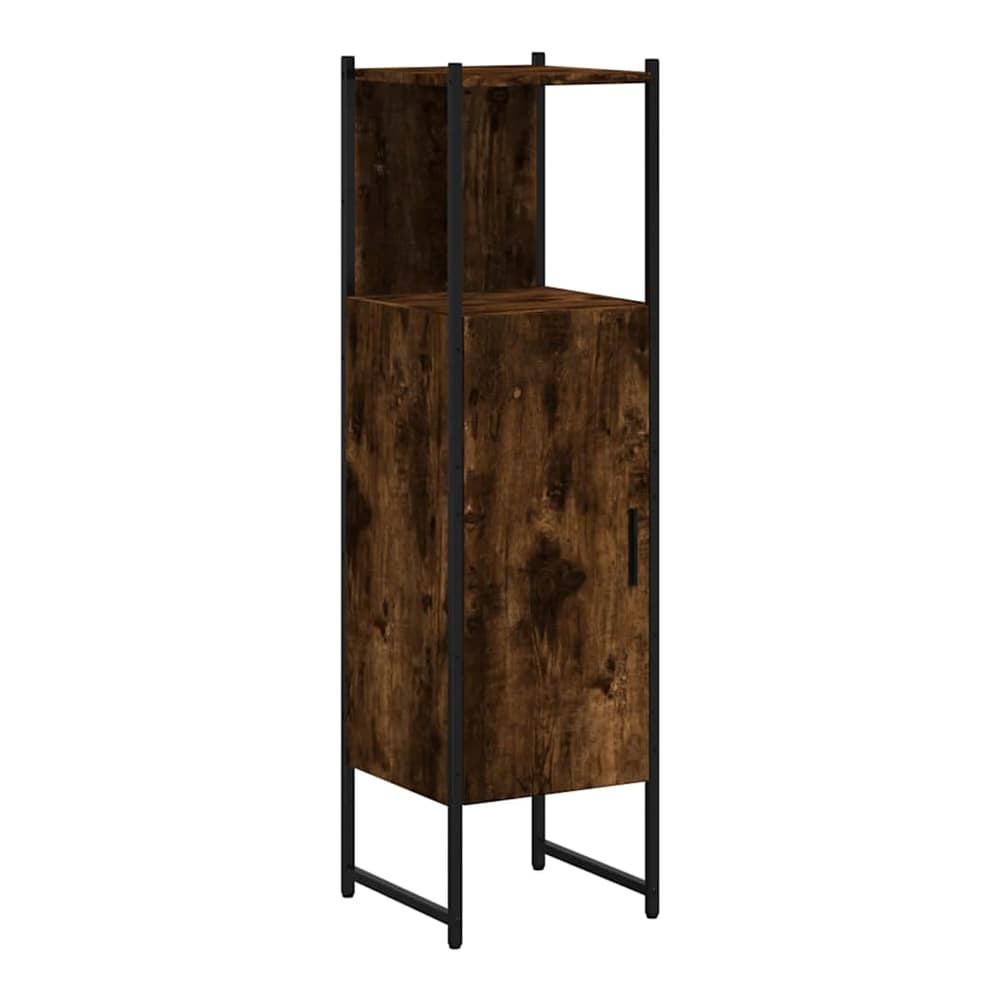the bathroom vanity unit, a tall narrow cabinet with a door and open top shelf