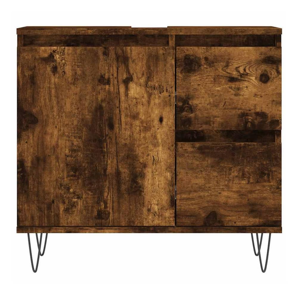 The bathroom cabinet from the front showing doors and drawers