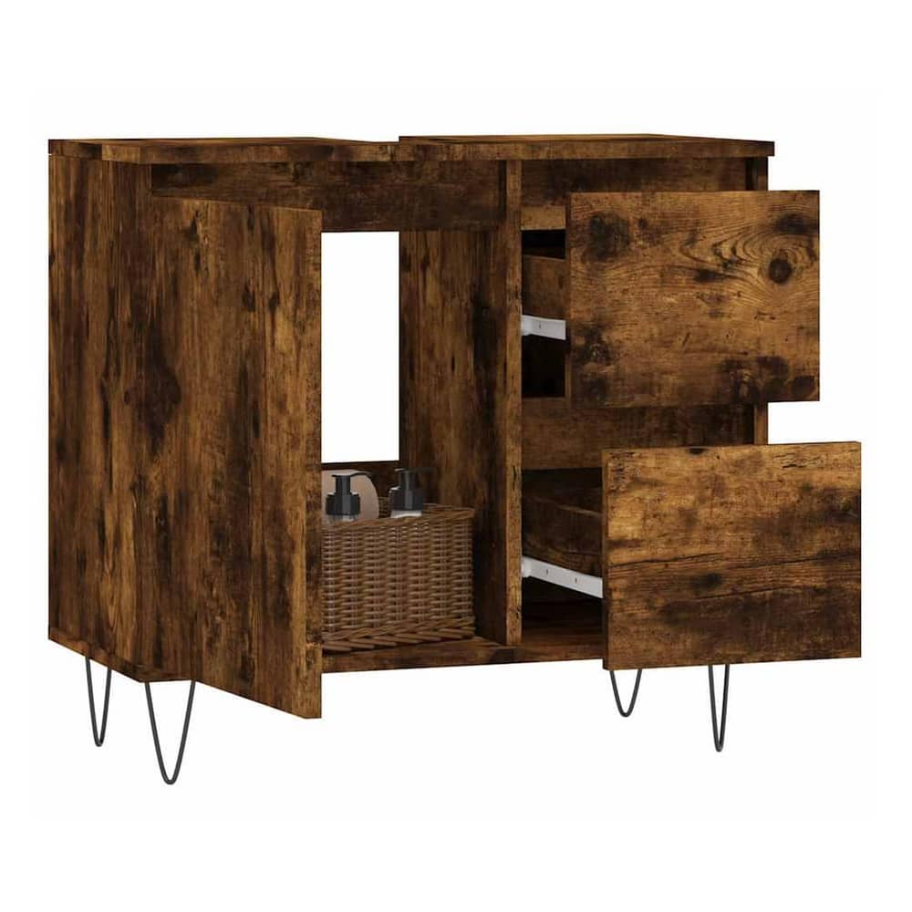 The bathroom cabinet with doors and drawers open showing storage