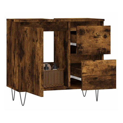 The bathroom cabinet with doors and drawers open showing storage