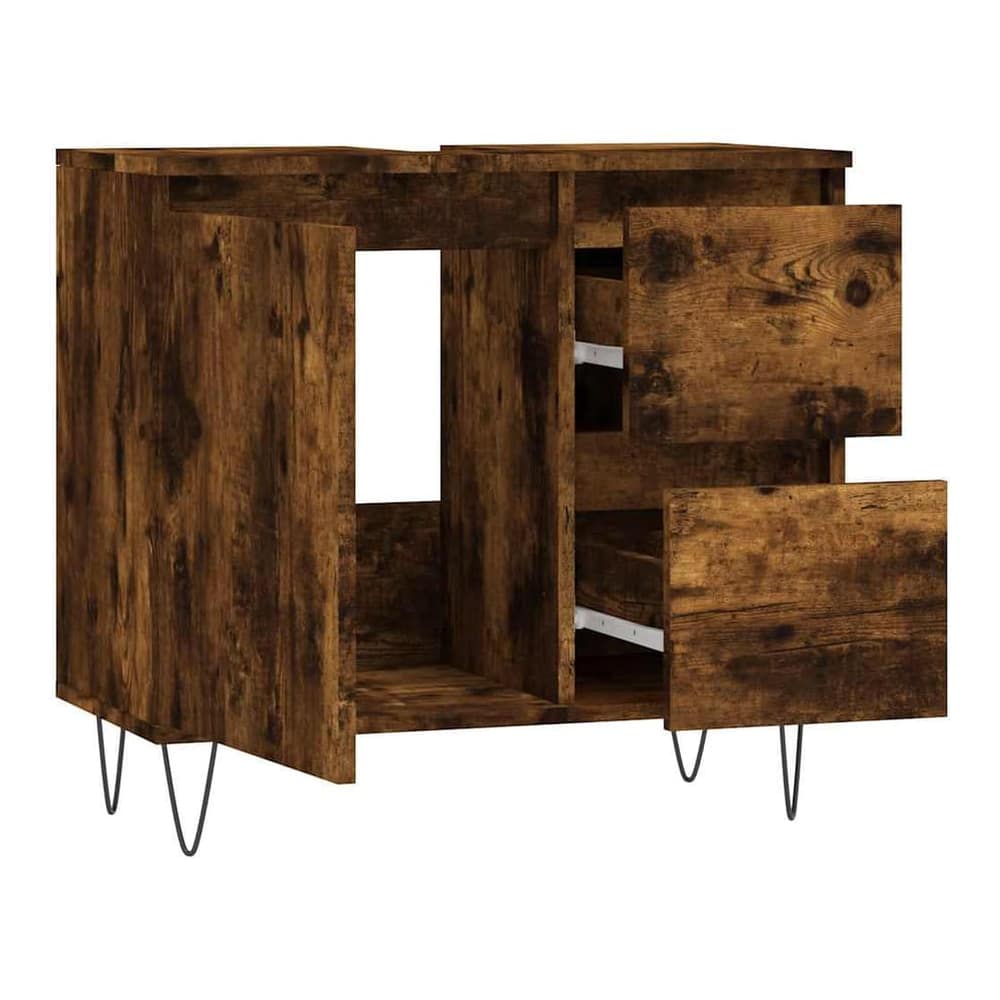 The smoked oak bathroom cabinet with doors and drawers open showing storage space