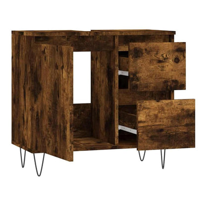 The smoked oak bathroom cabinet with doors and drawers open showing storage space
