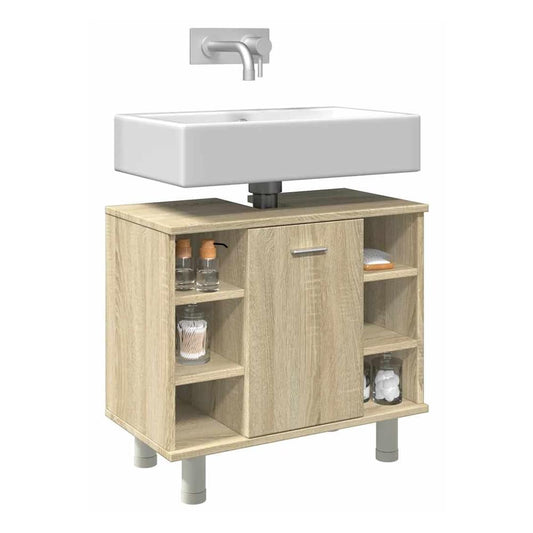 vidaXL Bathroom Cabinet Sonoma Oak Engineered Wood with a white sink and bathroom accessories