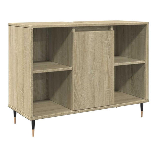 The bathroom cabinet with a sliding door and open shelves on the left and right