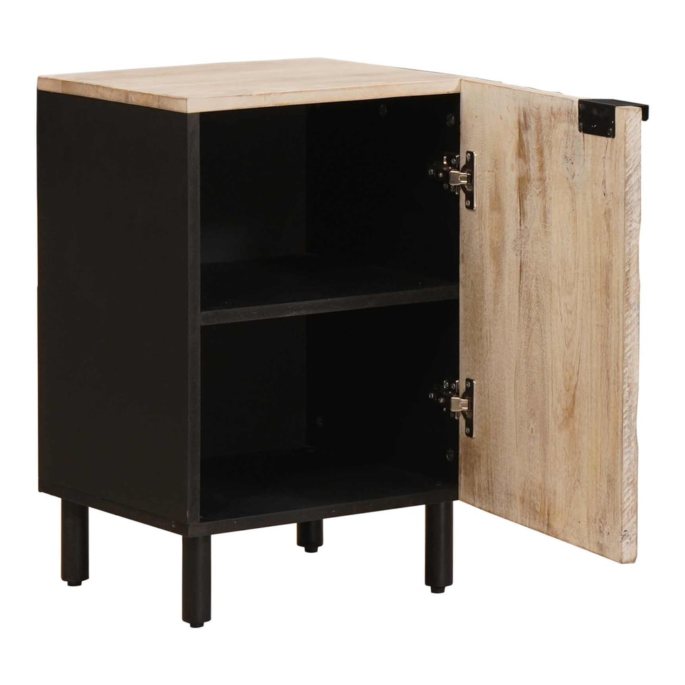 The bathroom cabinet with its door open showing two shelves inside