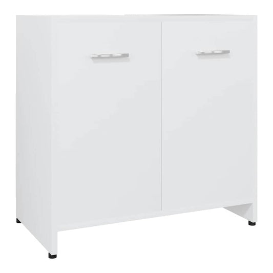 The white bathroom cabinet has two doors with silver handles and stands on four black legs