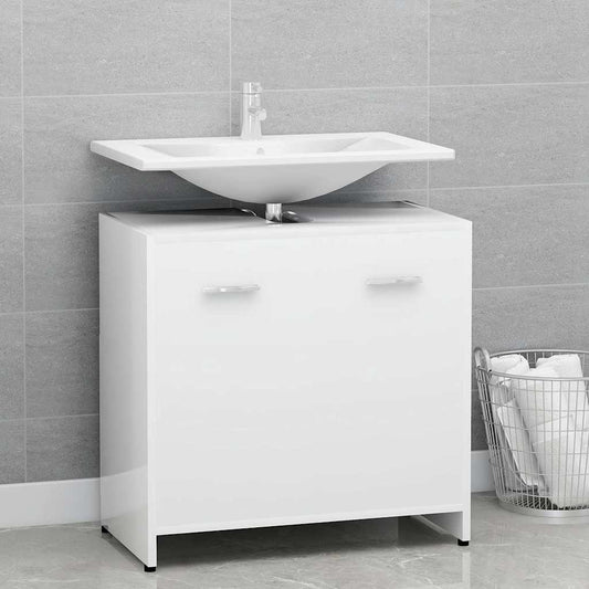 Bathroom Cabinet White Engineered Wood with a white sink and chrome tap installed above