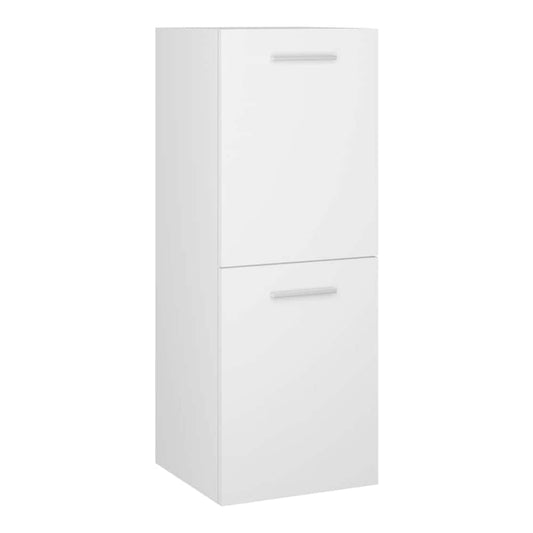 A tall white bathroom cabinet with two doors and silver handles