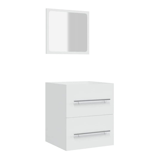 The white bathroom cabinet with mirror, showing its clean lines and two drawers