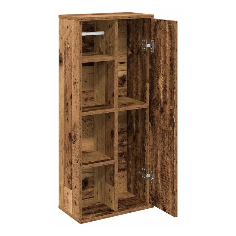 The bathroom cabinet with roll holder, with its door open revealing shelves