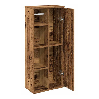 The bathroom cabinet with roll holder, with its door open revealing shelves