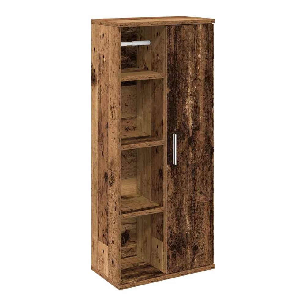 The bathroom cabinet with roll holder, showing the open shelves and door detail