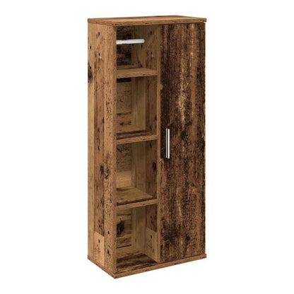 The bathroom cabinet with roll holder, showing the open shelves and door detail