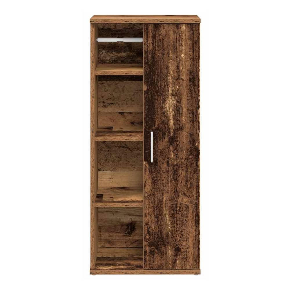 A tall bathroom cabinet with roll holder, featuring open shelves and a wooden door