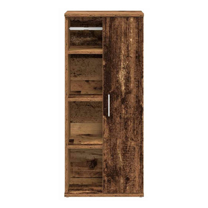A tall bathroom cabinet with roll holder, featuring open shelves and a wooden door