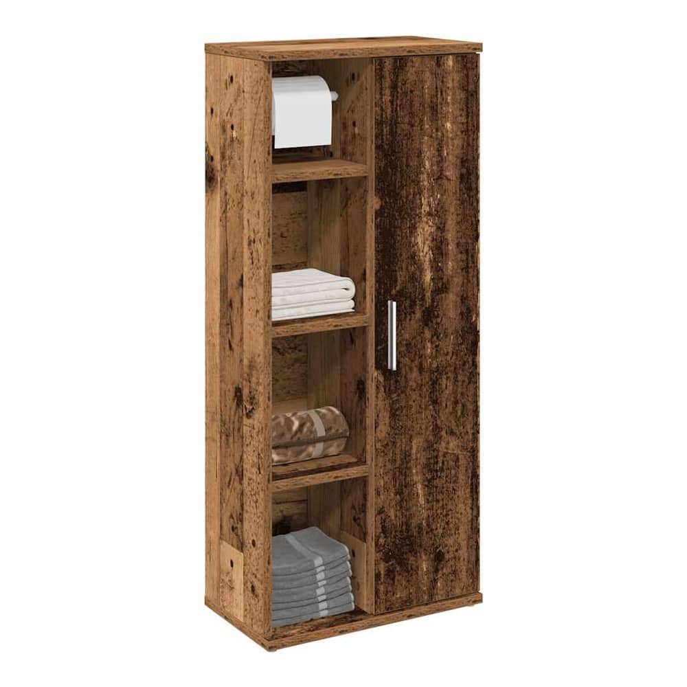 vidaXL Bathroom Cabinet with Roll Holder Old Wood, a tall wooden cabinet with shelves and a door