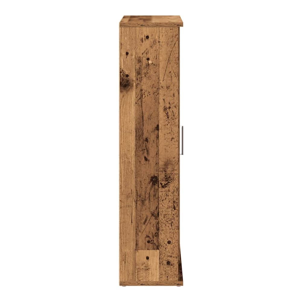 Side view of the old wood effect bathroom cabinet with roll holder