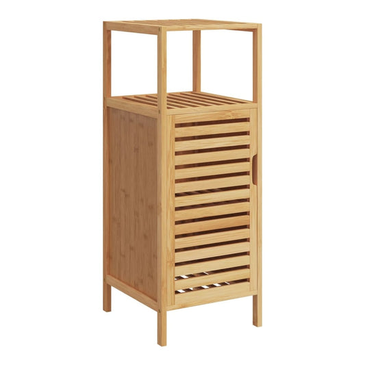 Bamboo bathroom cabinet with slatted door and open shelves