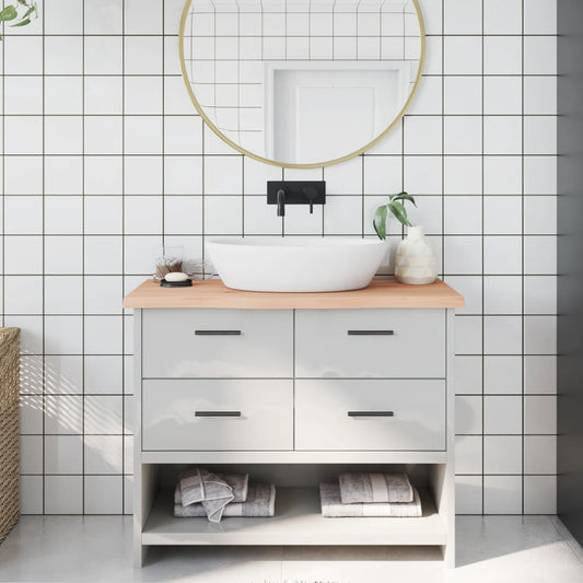 vidaXL Bathroom Countertop Untreated Solid Wood shown in a bathroom setting with a sink and vanity unit