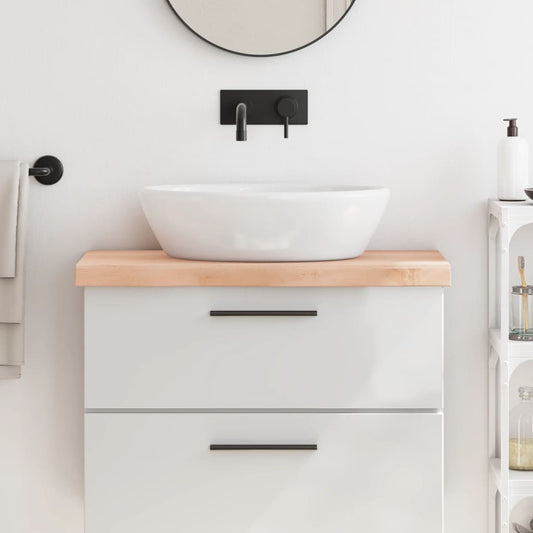 vidaXL Bathroom Countertop Untreated Solid Wood shown as part of a bathroom vanity unit with a sink on top