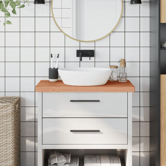 vidaXL Bathroom Countertop Solid Wood Beech shown in a bathroom setting with a sink and vanity