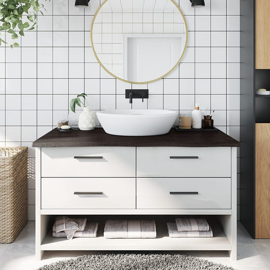 vidaXL Bathroom Countertop Dark Brown Solid Wood installed on a white vanity unit in a bathroom