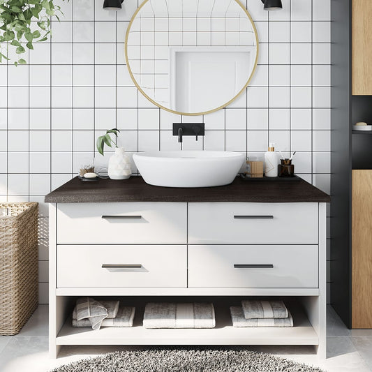 vidaXL Bathroom Countertop Dark Brown Solid Wood shown in a bathroom setting with a sink and vanity