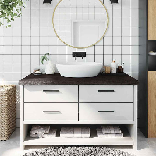 vidaXL Bathroom Countertop Dark Brown Solid Wood installed on a white vanity unit in a bathroom