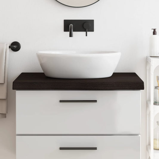 vidaXL Bathroom Countertop Dark Brown Treated Solid Wood on a white cabinet with a sink
