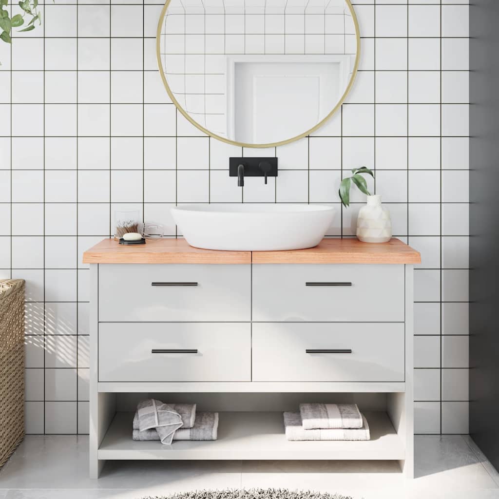 vidaXL Bathroom Countertop Light Brown Solid Wood installed on a vanity unit with a basin
