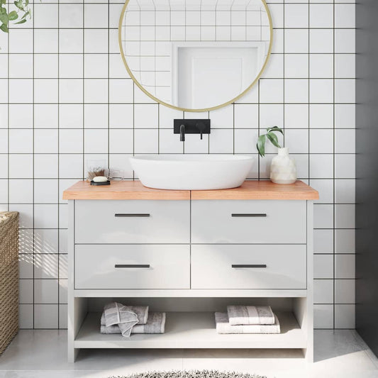 vidaXL Bathroom Countertop Light Brown Solid Wood installed on a vanity unit with a basin