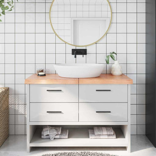 vidaXL Bathroom Countertop Light Brown Solid Wood shown in a bathroom setting with a sink and mirror