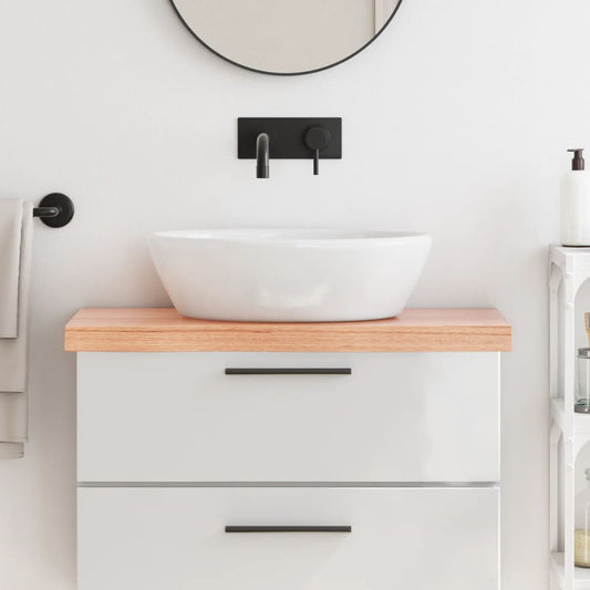 vidaXL Bathroom Countertop Light Brown Solid Wood installed on a white vanity unit with a basin