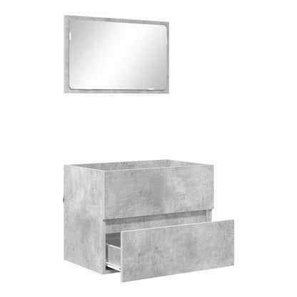 Concrete grey bathroom vanity unit with a drawer open and a mirror