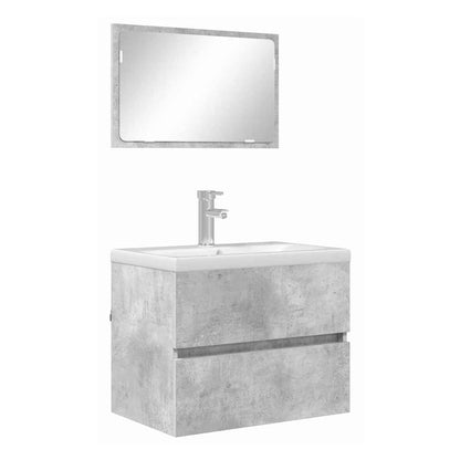 Concrete grey bathroom vanity unit with a drawer and a mirror with tap