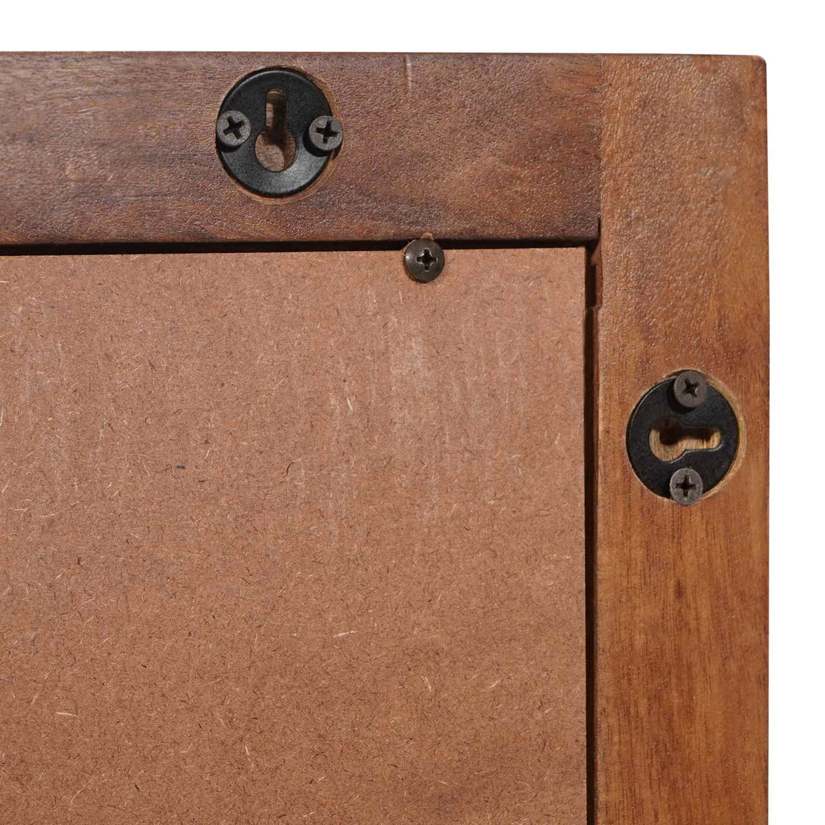 Close-up of the metal wall hanging brackets on the back of the bathroom mirror