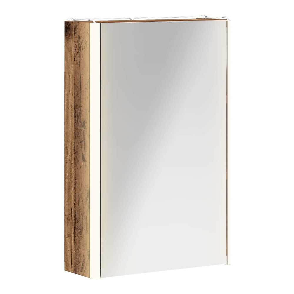 The bathroom vanity unit with a mirrored door and integrated lighting