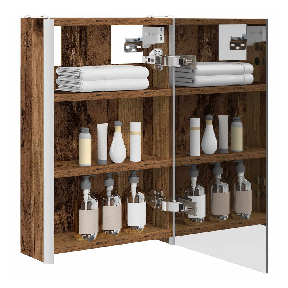 The open bathroom vanity unit showing shelves with toiletries and towels
