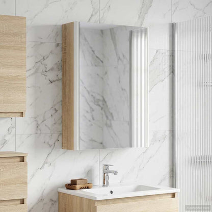 The bathroom vanity unit mounted above a sink in a tiled bathroom