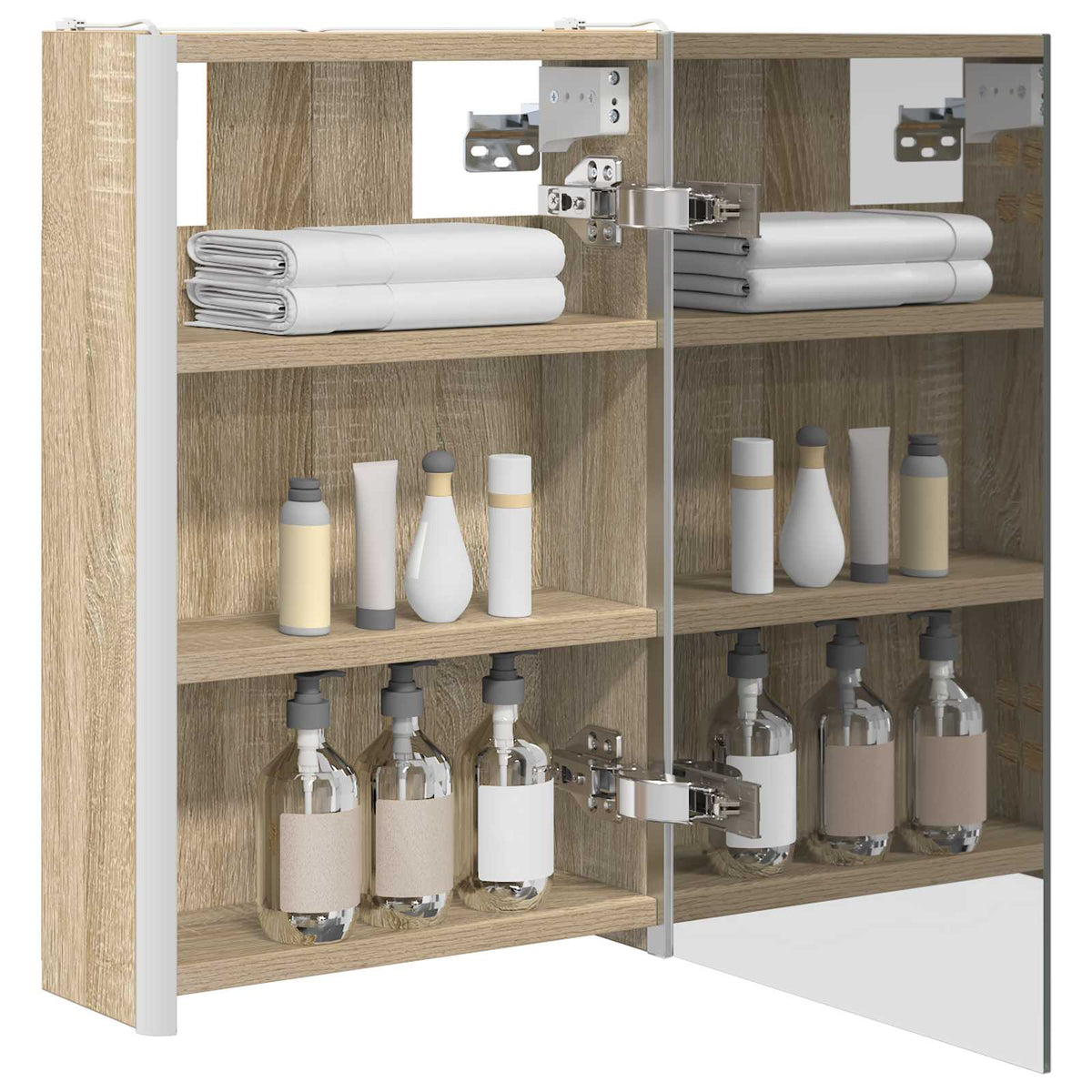 The open bathroom vanity unit showing shelves with toiletries and towels