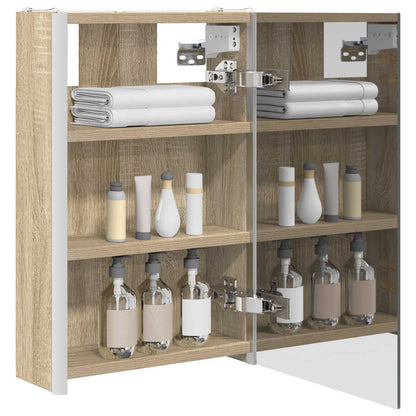 The open bathroom vanity unit showing shelves with toiletries and towels