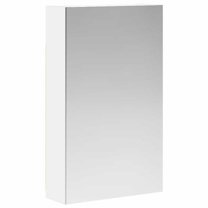 The white bathroom cabinet with a mirrored door closed, reflecting a blank surface